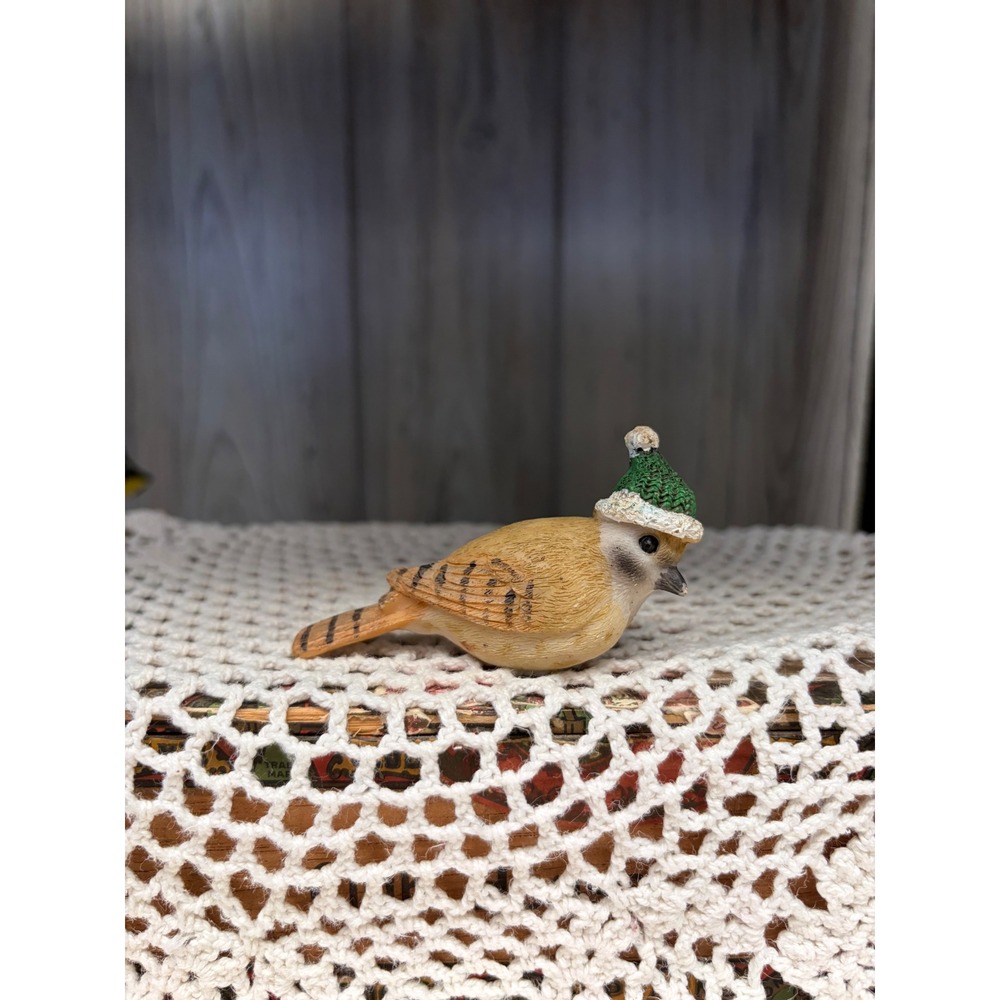 Miniature Bird Figurine with Green Knit Beanie Winter Decor Tan Resin Bird